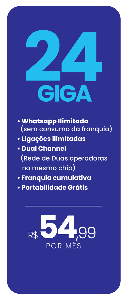 Plano Move Chip 5G de 24 GB por R$ 54,99 por mês — WhatsApp ilimitado sem consumo da franquia, ligações ilimitadas, Dual Channel com rede de duas operadoras no mesmo chip, franquia cumulativa e portabilidade grátis
