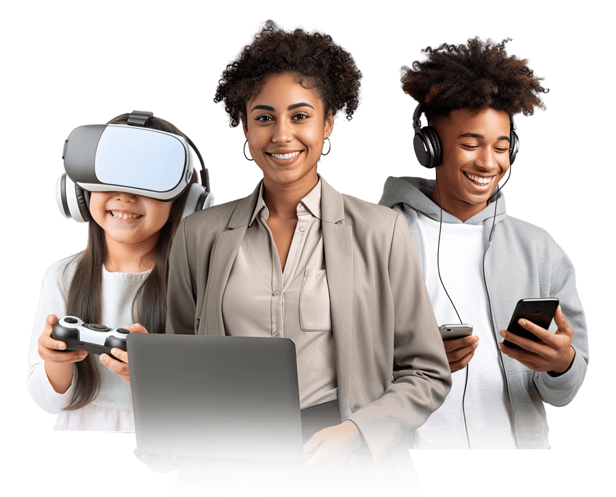 Clientes Move usando celular, notebook e óculos de realidade virtual
